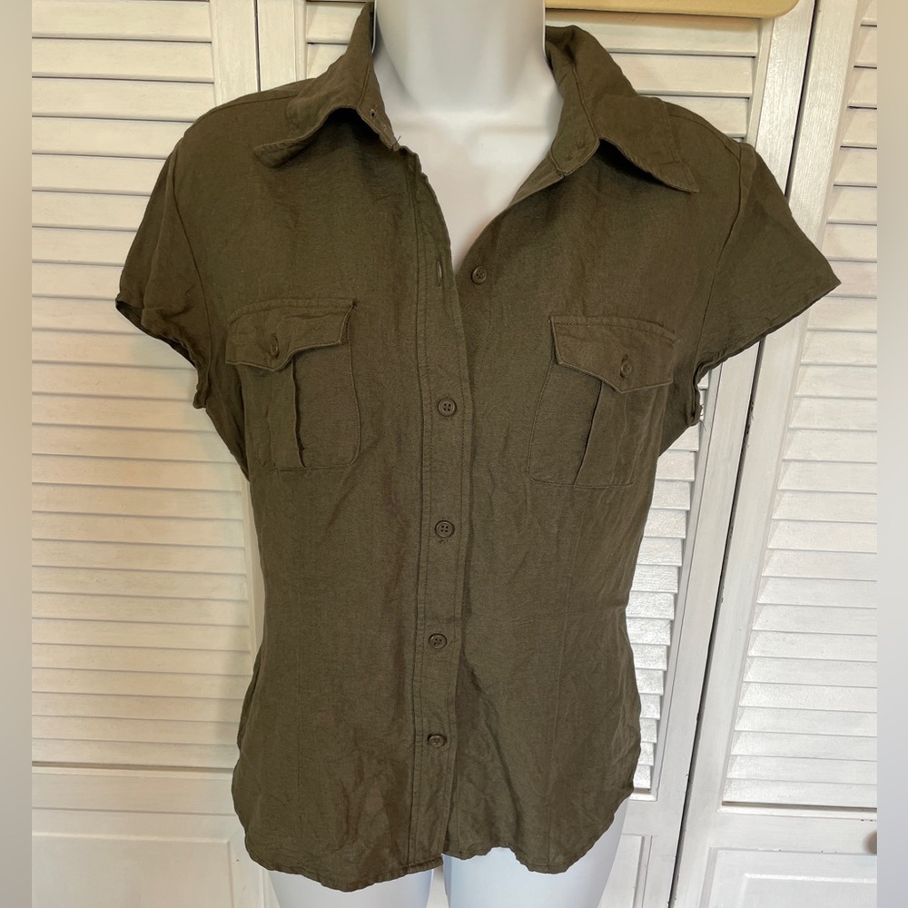 New York & Company Olive Green Linen Blend Top Size Medium